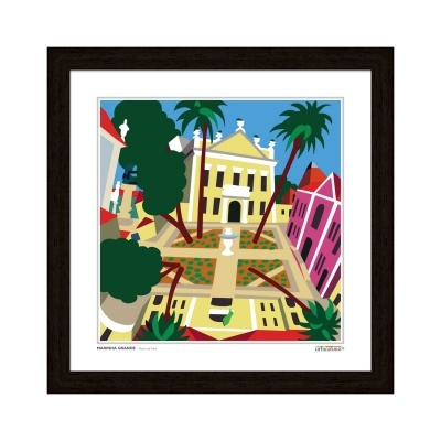 Quadro decorativo com imagem estilizada de um edifício amarelo e árvores tropicais