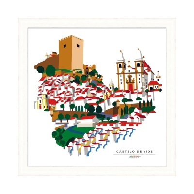 Ilustração estilizada do Castelo de Vide com castelo, igrejas e casas coloridas