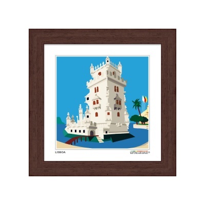 Ilustração emoldurada da Torre de Belém em Lisboa com moldura castanha