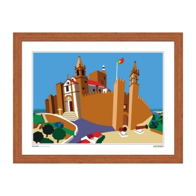 Ilustração colorida de castelo muralhado com bandeira de Portugal numa moldura de madeira.
