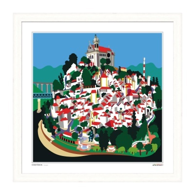 Ilustração de vila com casas brancas e telhados vermelhos em moldura branca