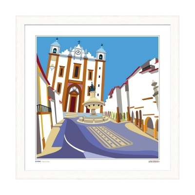 ilustração de rua urbana com fonte, estátua, edifícios brancos e torre com relógio