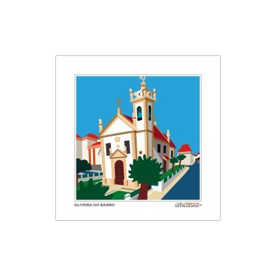 Ilustração de igreja tradicional com torre e relógio em Oliveira do Bairro