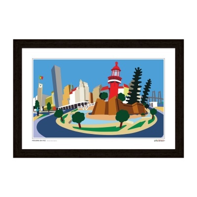 Quadro com obra de arte digital estilizada de farol vermelho, árvores, edifícios e ponte com moldura preta