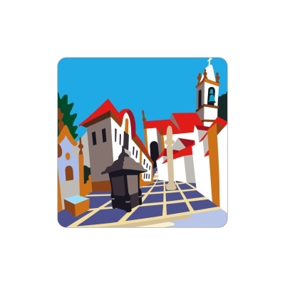 Ilustração digital de rua com edifícios brancos e tetos vermelhos e candeeiro preto