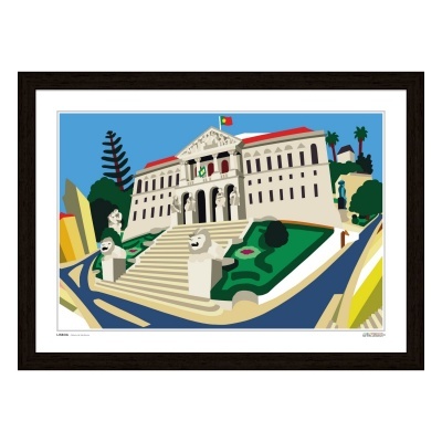 Ilustração de edifício com escadaria e esculturas de leões, bandeira de Portugal