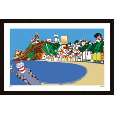 Ilustração colorida da Nazaré com praia, farol e casas no monte.