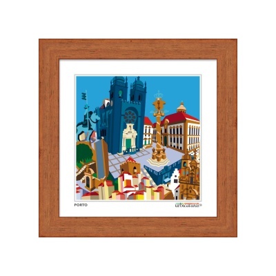 Ilustração colorida da cidade do Porto em moldura de madeira