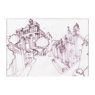 Desenho a lápis de edifícios históricos e árvores em cenário urbano