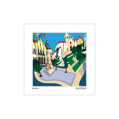 Ilustração digital colorida da cidade de Anadia com edifícios e árvores