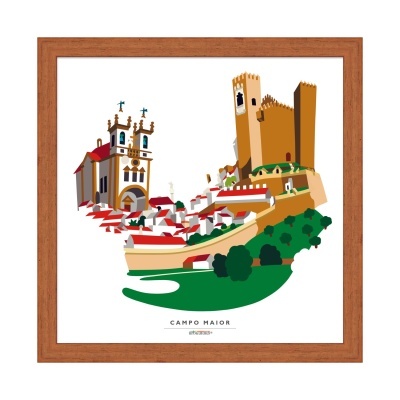 Ilustração colorida da vila de Campo Maior com castelos e igrejas em moldura de madeira.