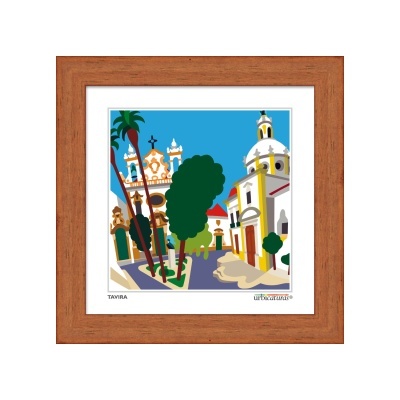 Ilustração de edifícios históricos em Tavira com moldura de madeira castanha.