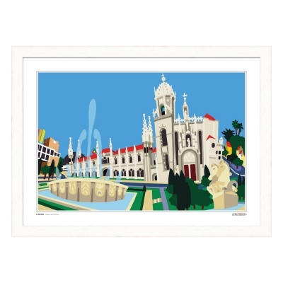 Ilustração colorida do Mosteiro dos Jerónimos em moldura branca