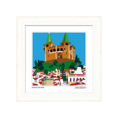 Quadro com ilustração colorida de castelo e casas em Porto de Mós