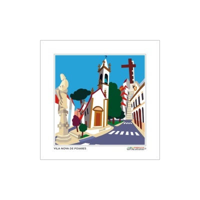 Ilustração colorida de Vila Nova de Poiares com igreja, estátua e casas tradicionais