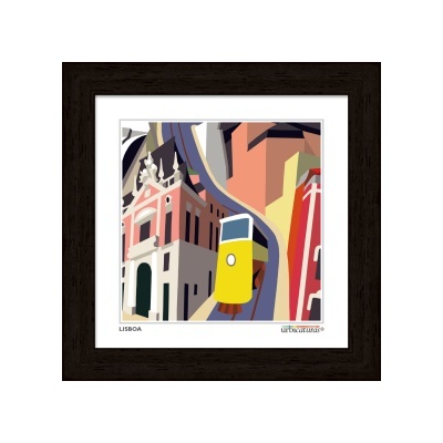 Quadro com ilustração estilizada de cenário urbano de Lisboa e elétrico amarelo
