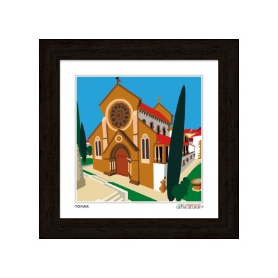 Gravura colorida de igreja em moldura preta