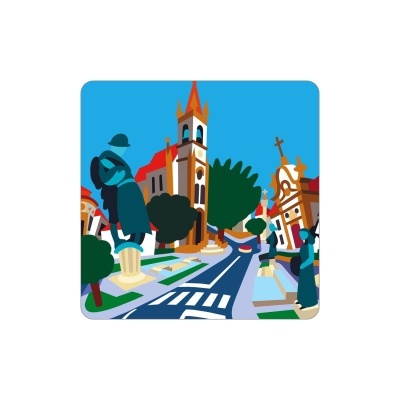 Ilustração colorida de rua com igreja, estátuas e árvores em fundo azul