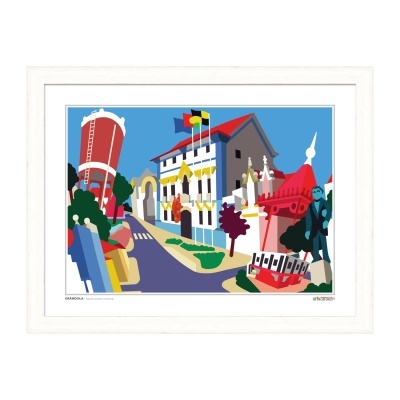 Quadro com ilustração colorida de uma rua com edifícios e objetos diversos