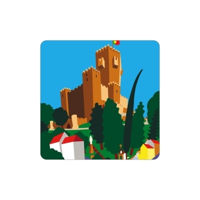 Ilustração digital de castelo português com árvores e casas coloridas