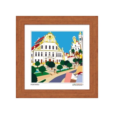 Quadro com uma impressão artística colorida de edifícios e árvores em Portimão