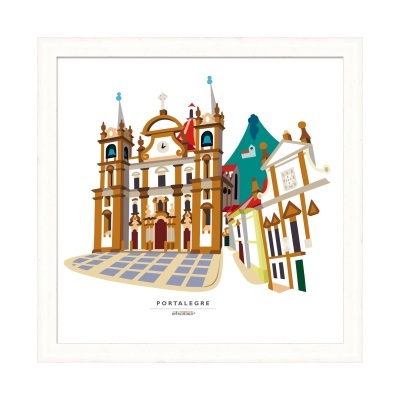 Ilustração de edifícios históricos em Portalegre com texto indicativo