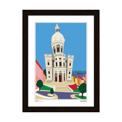 Quadro com imagem estilizada de edifício histórico branco sob céu azul
