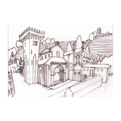 Desenho arquitetônico a lápis de um conjunto de edifícios históricos com torre e colinas ao fundo