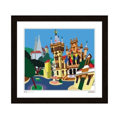 Ilustração colorida emoldurada de edifício histórico com torres e bandeiras