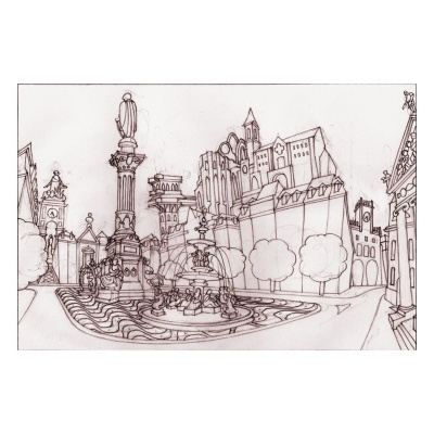 Desenho a lápis urbano com fonte, escultura, edifícios e árvores