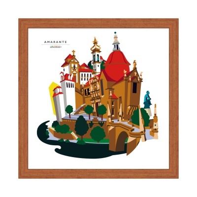 Ilustração de edifícios históricos de Amarante com moldura de madeira