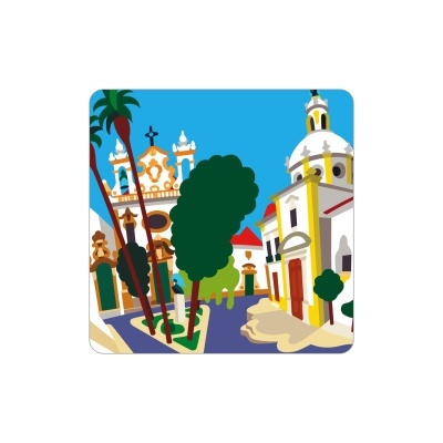 Ilustração colorida de praça com edifícios históricos e árvores sob céu azul