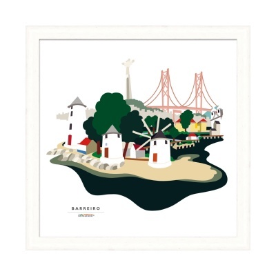 Ilustração colorida da paisagem de Barreiro com moinhos, árvores e ponte