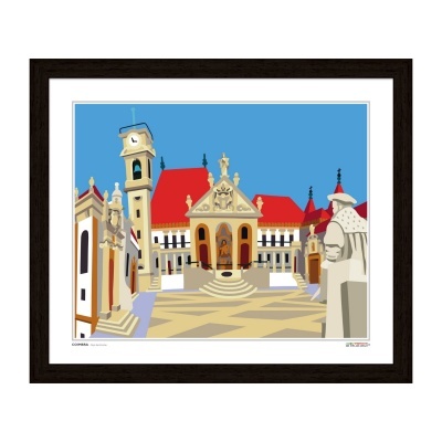 Ilustração de praça histórica com edifícios e estátuas, moldura de madeira escura