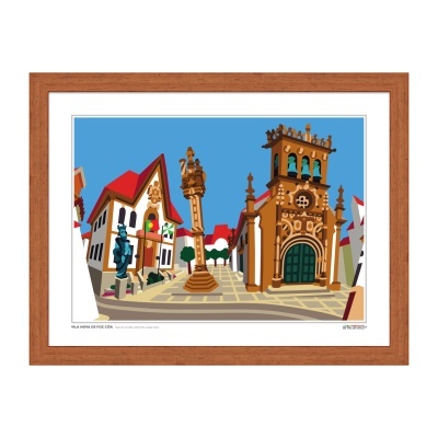 Ilustração de praça histórica com igreja e coluna, moldura de madeira castanho