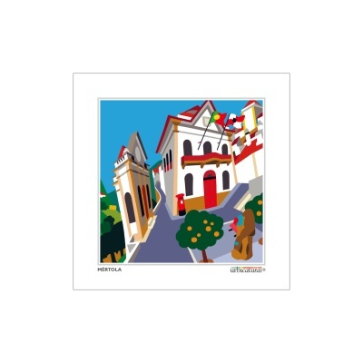 Ilustração digital colorida de edifícios históricos em Mértola com céu azul