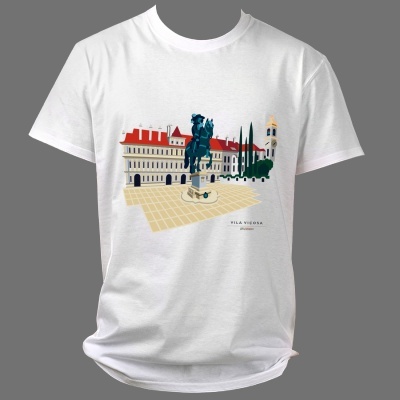 T-shirt branca com ilustração colorida de monumento e edifícios com texto 'PRAÇA VIGILIA PORTUGAL'.