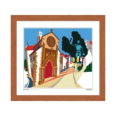 Ilustração colorida de igreja com porta vermelha e estátua azul, emoldurada por madeira