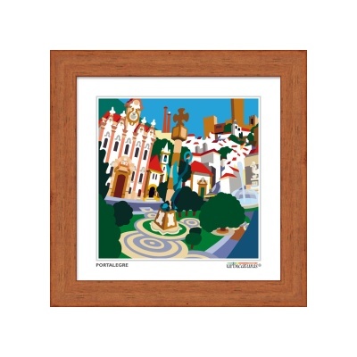 Ilustração colorida emoldurada de uma praça urbana com edifícios e estátuas, texto PORTALEGRE