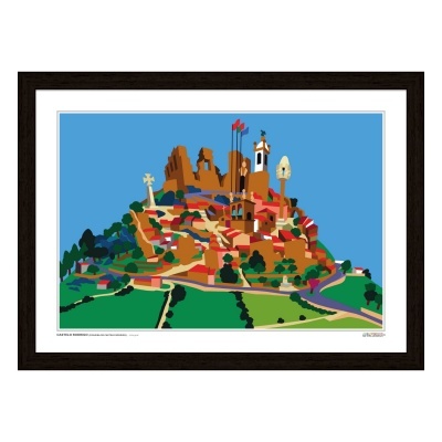 Ilustração de castelo colorido numa moldura castanha