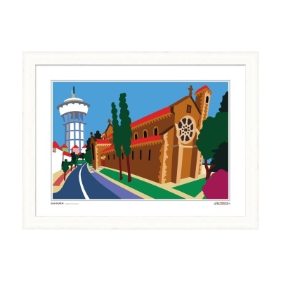 Ilustração digital colorida de paisagem urbana com construção histórica e torre de água