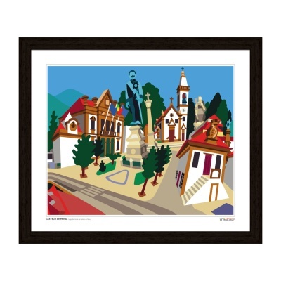 Ilustração colorida do Largo do Conde de Castelo de Paiva com edifícios, estátuas e árvores