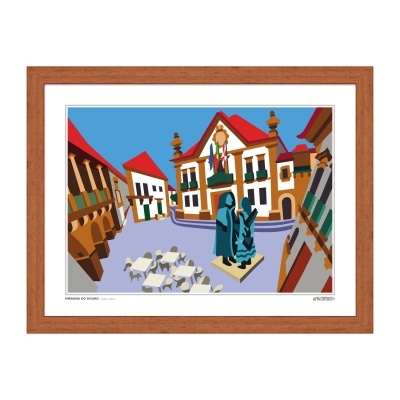 Ilustração digital colorida da Praça Largo D. João III em Miranda do Douro com estátua e arquitetura tradicional.