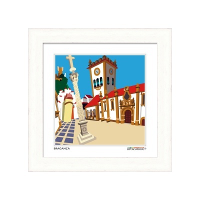 Quadro decorativo com ilustração da cidade de Bragança em moldura branca
