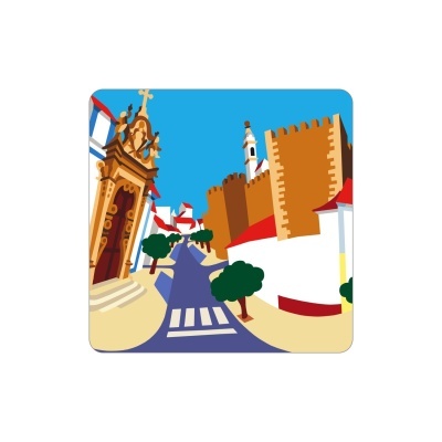 Ilustração de rua com edifícios, árvores, muralhas e faixa de peões