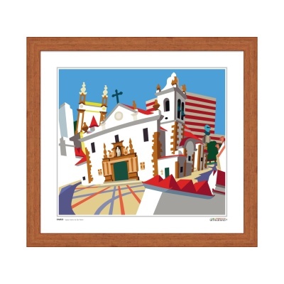 Ilustração colorida de igreja branca e edifícios com moldura de madeira