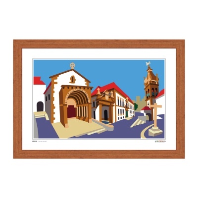 Ilustração digital de edifícios históricos com céu azul, em moldura de madeira