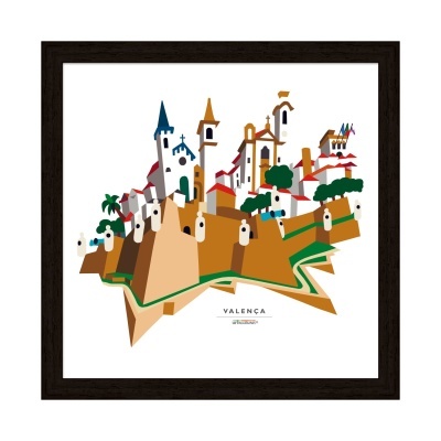 Quadro ilustrativo da cidade de Valença com torres e casas coloridas em estilo geométrico