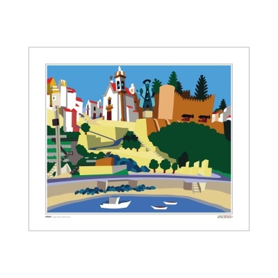 Ilustração colorida de paisagem urbana e praia com barcos e edifícios