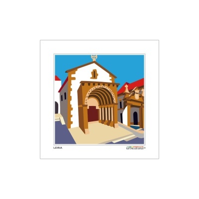 Imagem gráfica de uma igreja em Leiria com arco castanho e branco